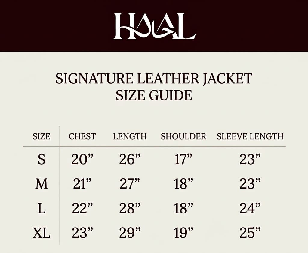 HAAL Signature Jacket size chart — chest, length, shoulder and sleeve measurements for sizes S, M, L and XL